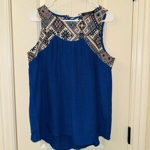 Doe & Rae Royal Blue Tapestry Yoke Tank Top Boho Chic Embroidered Festival Med